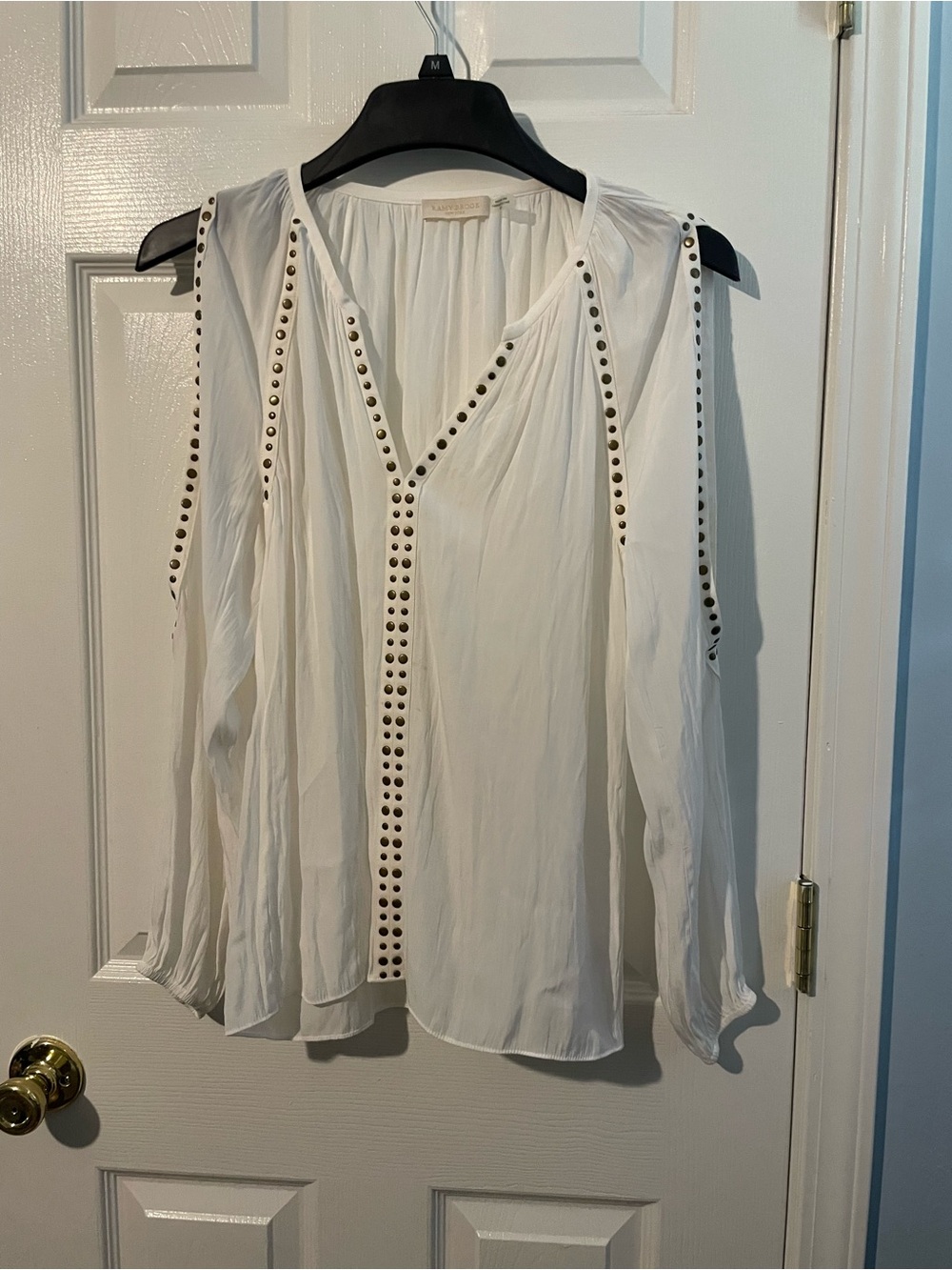 Ramy Brook White Stud-Trim Cold Shoulder V-Neck Blouse